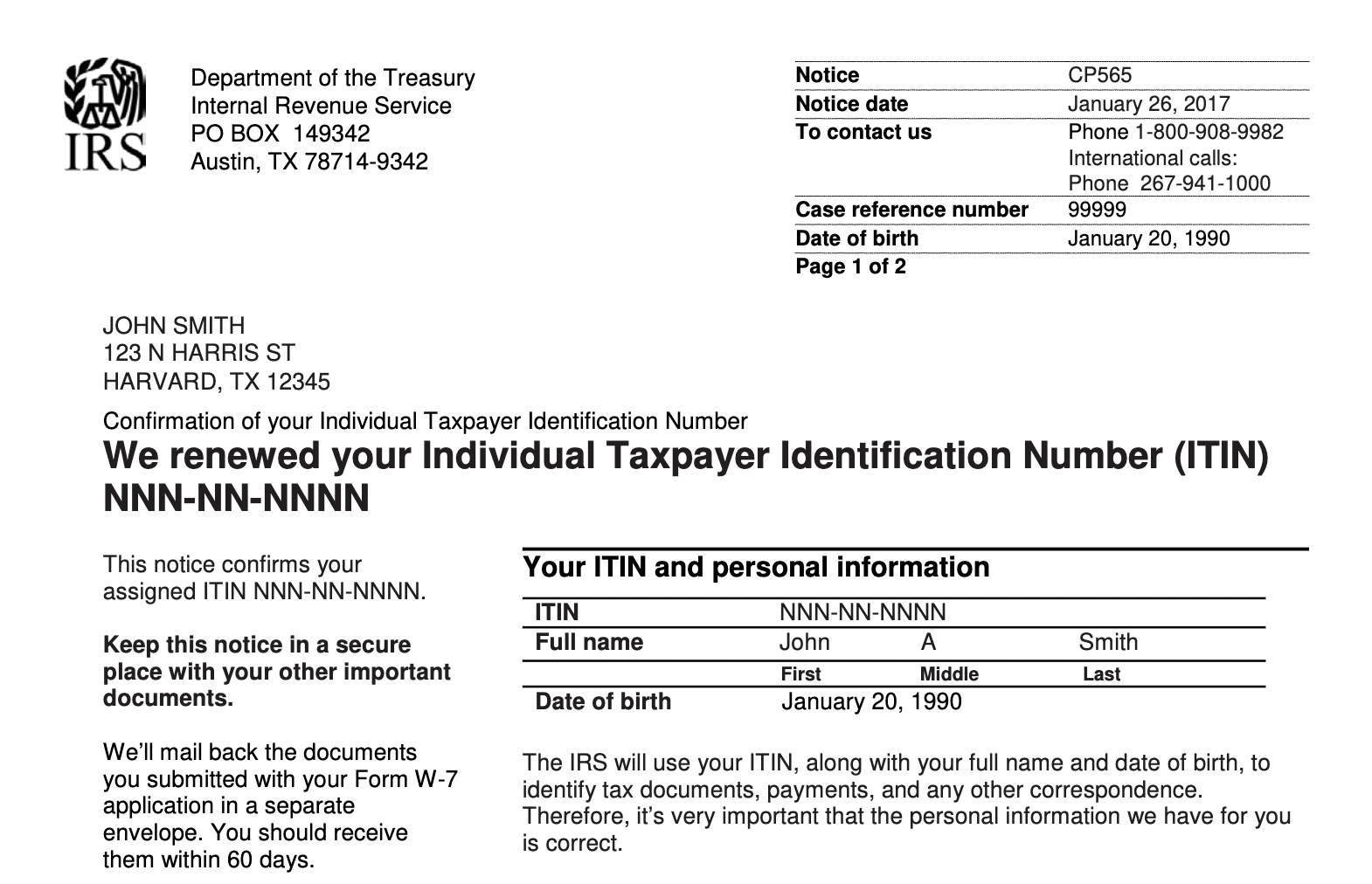 Official IRS ITIN Assignment Letter - CP 565 Notice